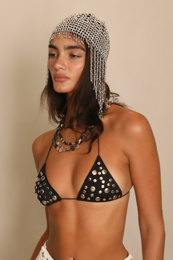 Silver Beaded Bonnet Hat